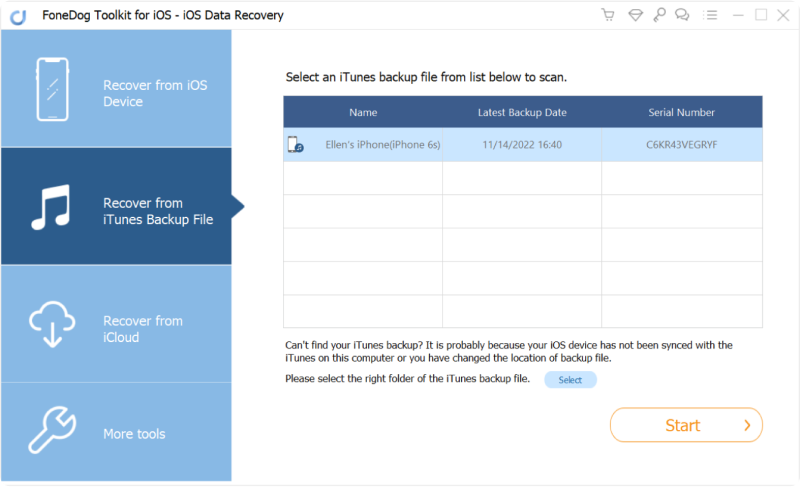 قم بتشغيل FoneDog Toolkit- استعادة بيانات iOS وحدد الاسترداد من iTunes