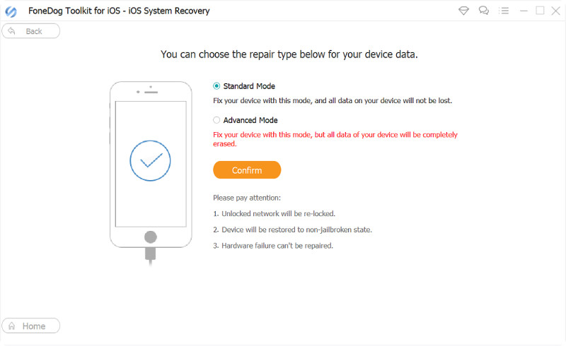 حل مشكلة "شاشة iPad التي تعمل باللمس لا تستجيب": استرداد نظام FoneDog iOS - اختر الوضع