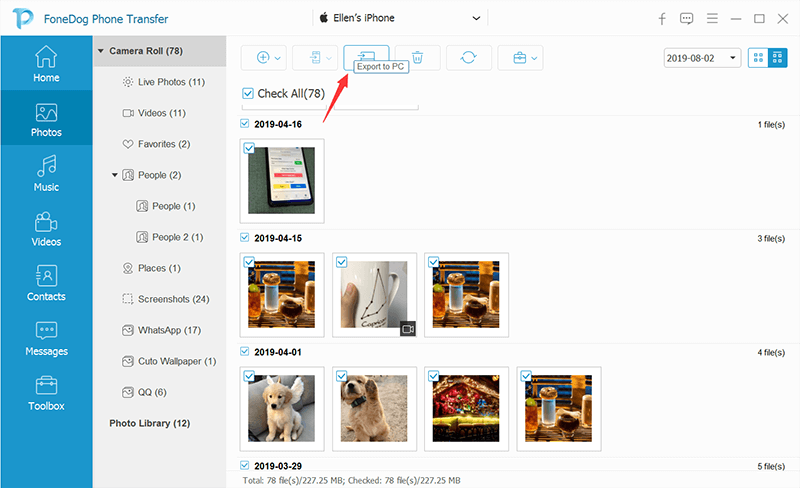استخدم FoneDog Phone Transfer بدون iTunes - انقل الصور من iPhone إلى الكمبيوتر الشخصي: تصدير
