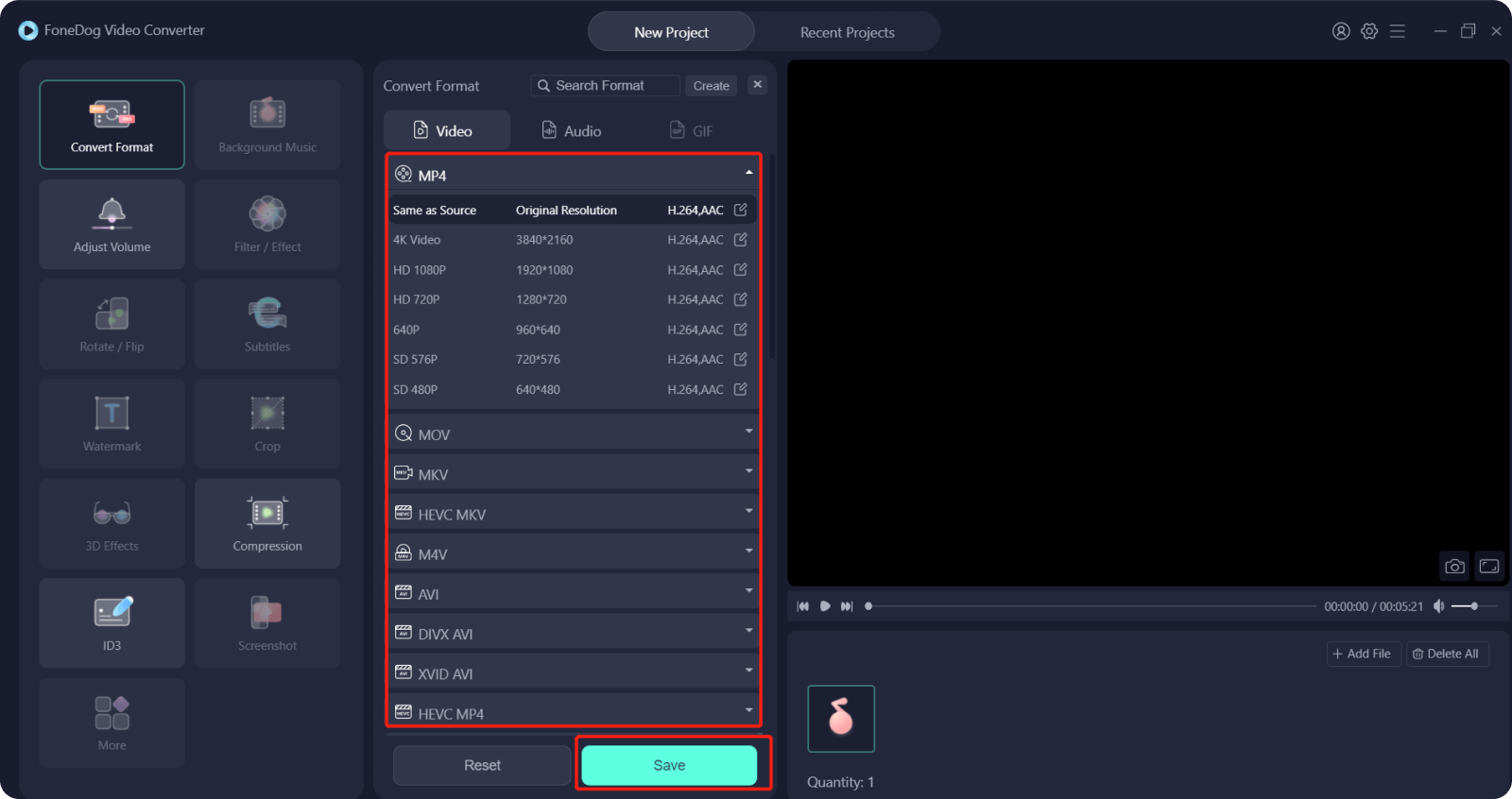 اختر MP3 في تحويل التنسيق