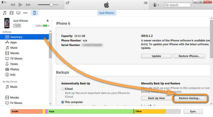 قم باستعادة نسخة iPhone الاحتياطية إلى iTunes