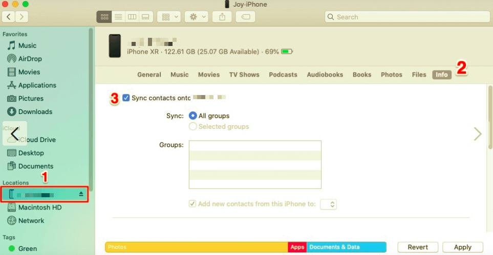 مزامنة من جهات اتصال iPhone إلى Mac باستخدام Finder