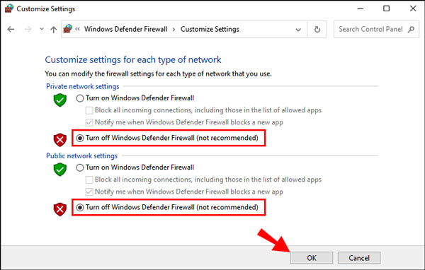 تحقق من إيقاف تشغيل جدار حماية Windows Defender