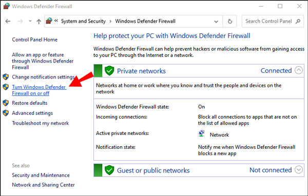 انقر فوق تشغيل جدار حماية Windows Defender أو إيقاف تشغيله