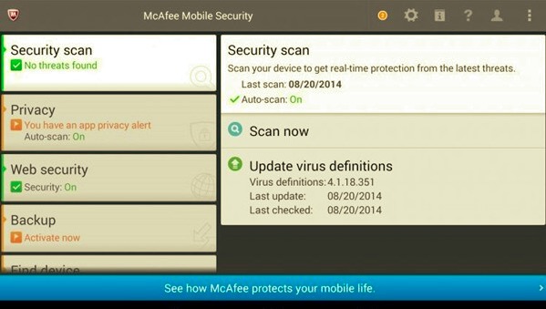 أداة إزالة فيروس Android - McAfee Mobile Security