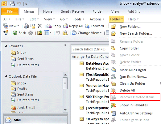 استعادة البريد الإلكتروني المحذوف Outlook 2010