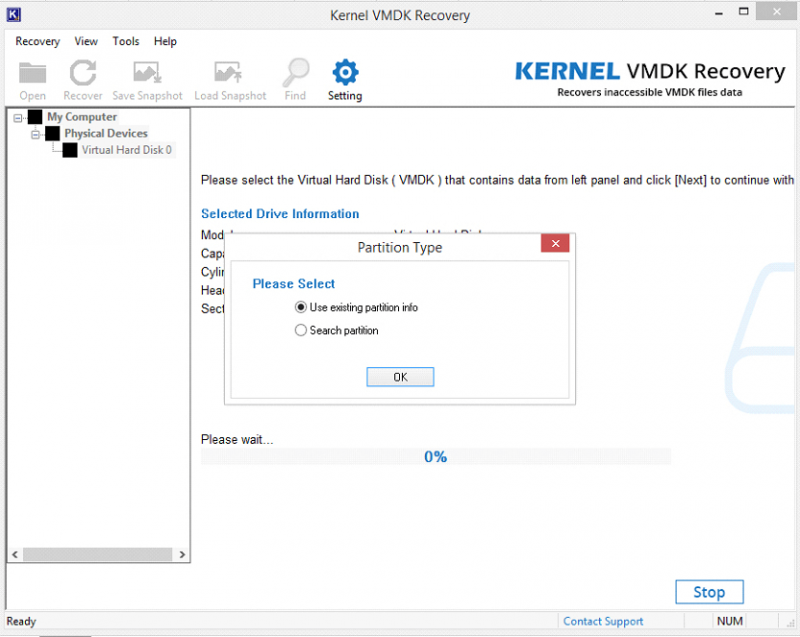 استخدم معلومات التقسيم الموجودة بواسطة استرداد Kernel VMDK