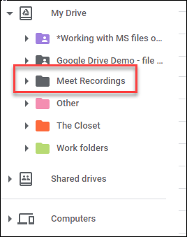تسجيلات Google Meet على Google Drive