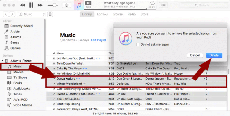 كيف يمكنني حذف الأغاني من iPod في iTunes يدويًا
