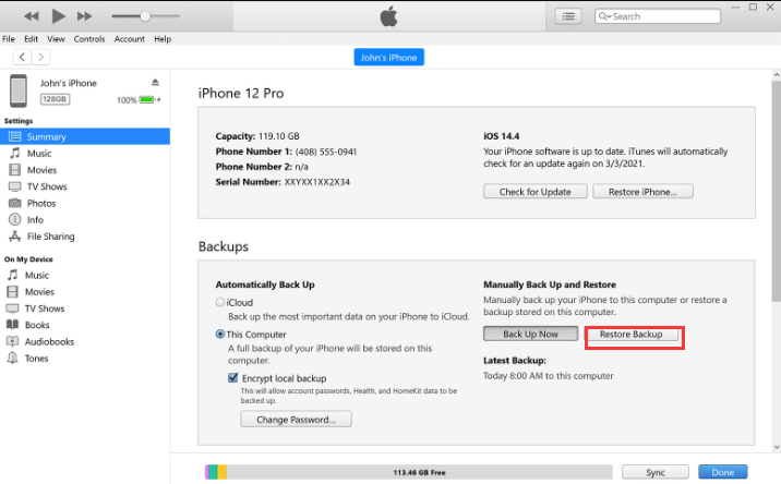 استعادة جهات اتصال iPhone المفقودة بواسطة iTunes Backup