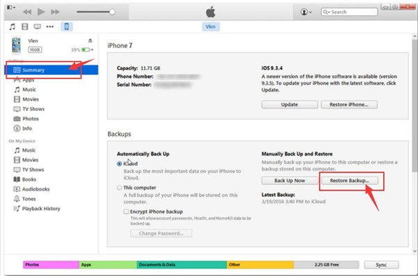استرجع الرسائل النصية المحذوفة (iPhone 7) باستخدام iTunes