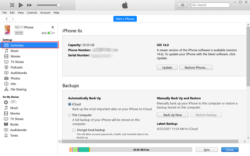استعادة البريد الصوتي المحذوف على iPhone باستخدام iTunes Restore