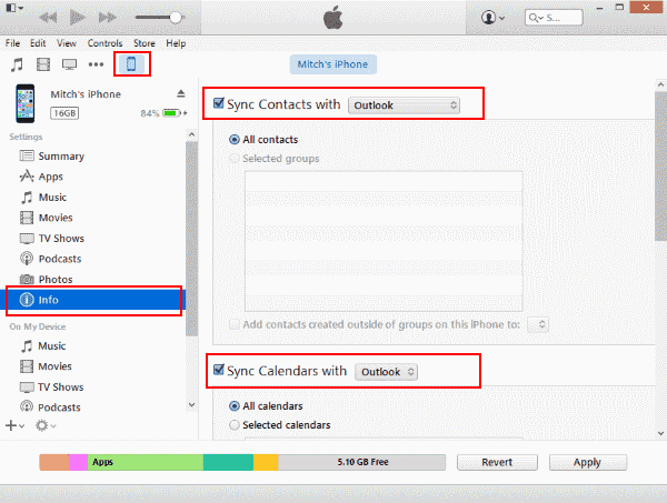 انقل جهات اتصال Outlook إلى iPhone باستخدام iTunes
