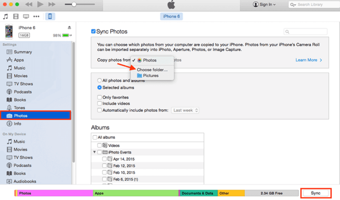 انقل الصور من Samsung إلى iPhone باستخدام iTunes