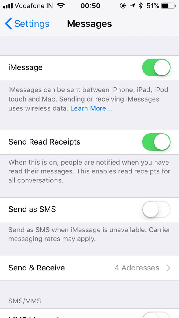 تحقق من تمكين iMessage