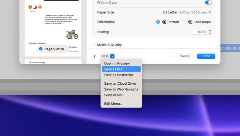 تصدير iMessages إلى ملف PDF على جهاز كمبيوتر يعمل بنظام Mac