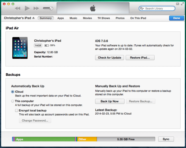 عمل نسخة احتياطية لجهاز iPad الخاص بي باستخدام iTunes
