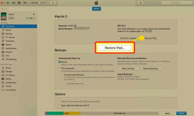 إعادة تعيين iPad بدون كلمة مرور iCloud عبر iTunes