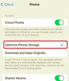 حذف الصور من iPhone، ولكن ليس من iCloud - استخدم "تحسين مساحة تخزين iPhone"
