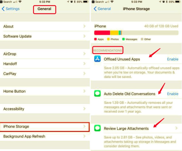 مراعاة توصيات التخزين لحذف تخزين النظام على iPhone