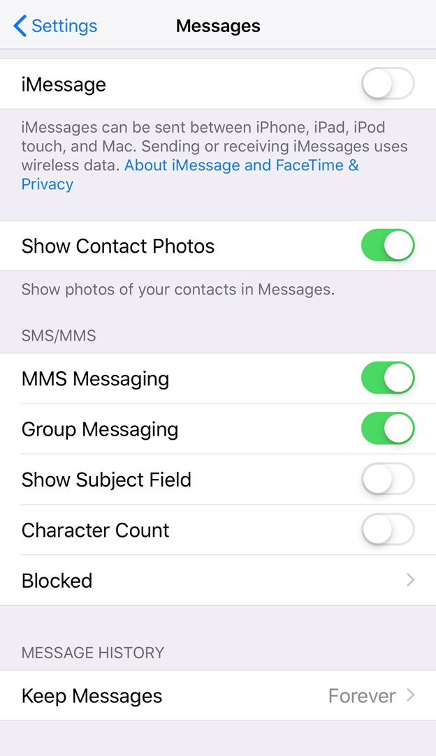 تحقق من إعدادات الرسائل لإصلاح عدم تلقي رسائل نصية من Android على iPhone