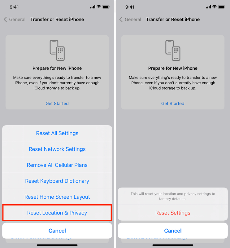 إعادة تعيين الموقع والخصوصية عندما لا يظهر مجلد iPhone DCIM فارغًا على الكمبيوتر
