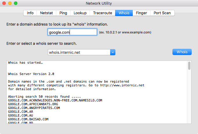 أداة الشبكة Mac Whois