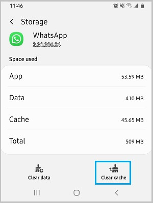 مسح ذاكرة التخزين المؤقت للتطبيق لإصلاح عدم ظهور حالة WhatsApp
