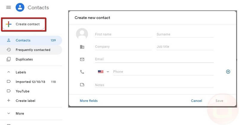 إنشاء جهات اتصال Gmail