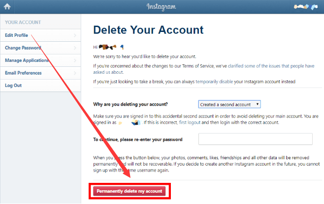 حذف حساب Instagram باستخدام Web Browser Engine