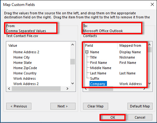 اختر تعيين الحقول المخصصة لتصدير جهات اتصال Outlook