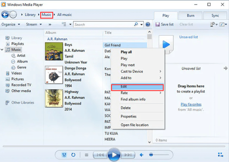 تحرير MP3 Windows 10 باستخدام Windows Media Player