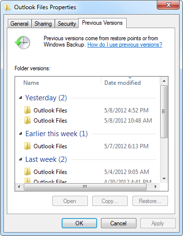 قم باستعادة الإصدار السابق لاستعادة ملفات PST المحذوفة في Outlook
