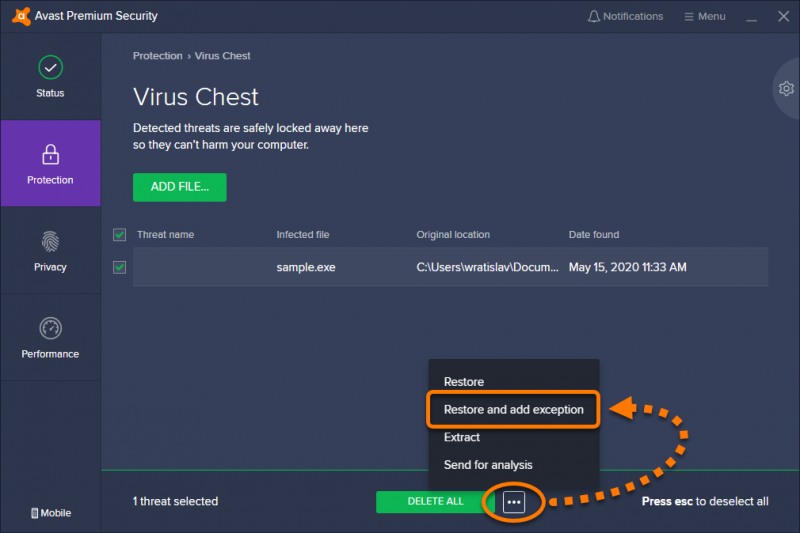 إصلاح لا يمكن لـ Avast استعادة خطأ الملف عن طريق إعادة فتح صندوق الفيروسات