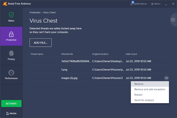 قم باستعادة ملفك لاستعادة الملفات المحذوفة بواسطة Avast Antivirus