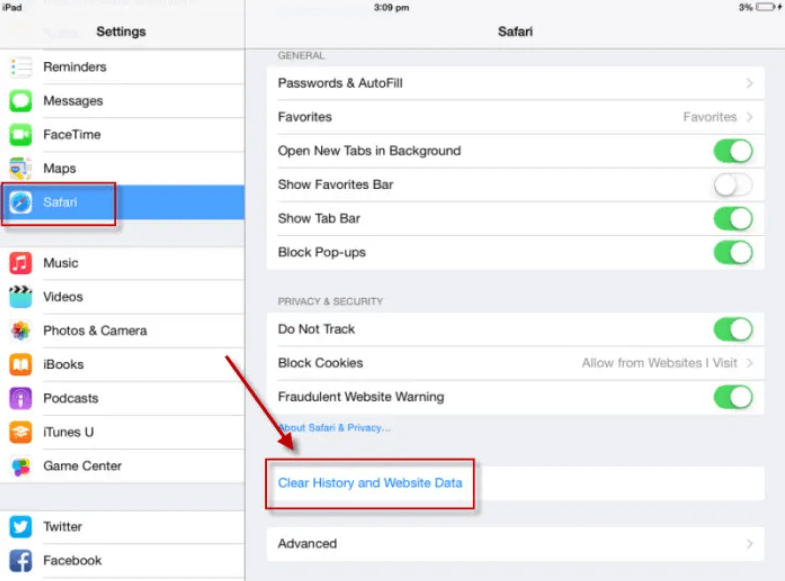امسح ذاكرة التخزين المؤقت في Safari على جهاز iPad