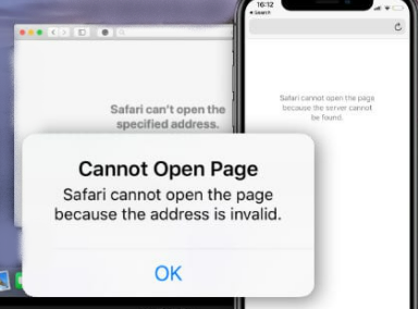 لقطة شاشة لخطأ يتعذر على Safari فتح الصفحة لأن العنوان غير صالح