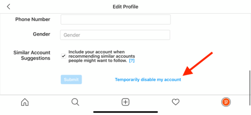 اضغط على تعطيل حسابي مؤقتًا على Instagram