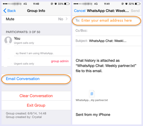 نقل WhatsApp Chat عبر البريد الإلكتروني باستخدام جهاز iPhone