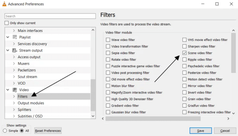 اختر Scene Filter لإنشاء لقطة إطارات فيديو في VLC Media Player