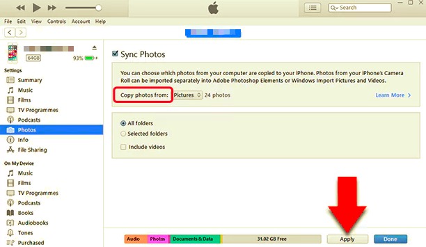 انقل الصور من iPhone إلى القرص الصلب باستخدام iTunes