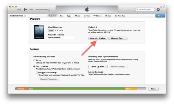 قم بتمكين iPad عبر iTunes