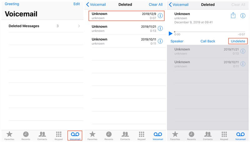 استعادة البريد الصوتي المحذوف على iPhone باستخدام قسم "الرسائل المحذوفة"